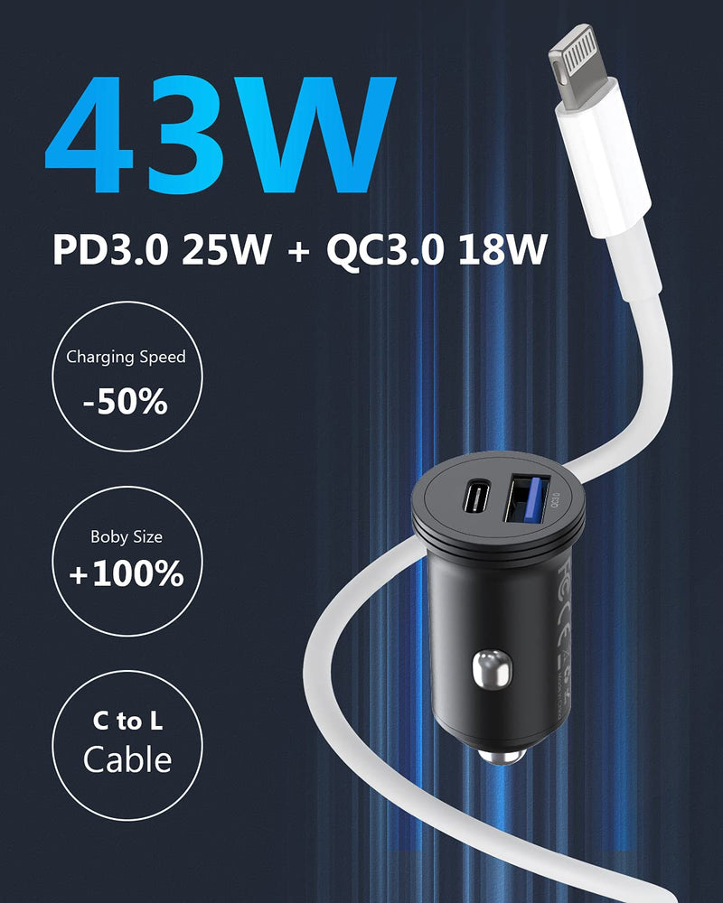  [AUSTRALIA] - Car Charger for iPhone 13, 43W Fast USB C Car Charger Adapter Dual Port, 25W USB-C & 18W USB iPhone Car Charger Aluminum Alloy with Lightning Cable for iPhone 13/12 Pro Max/11 Pro/XS/XR/8 and More Black+Cable