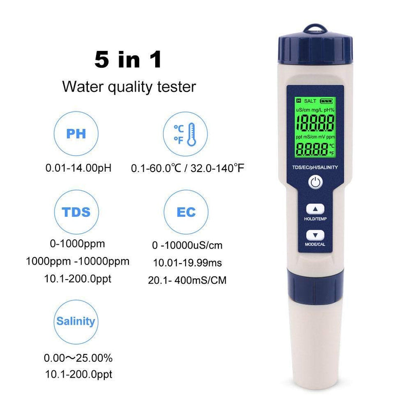 Water Quality Tester 5 in 1 Water PH Salinity Total Dissolved Solids EC Temperature Test Pen Type Drinking Water Aquarium Hydroponics Testing Meter with Backlight - LeoForward Australia