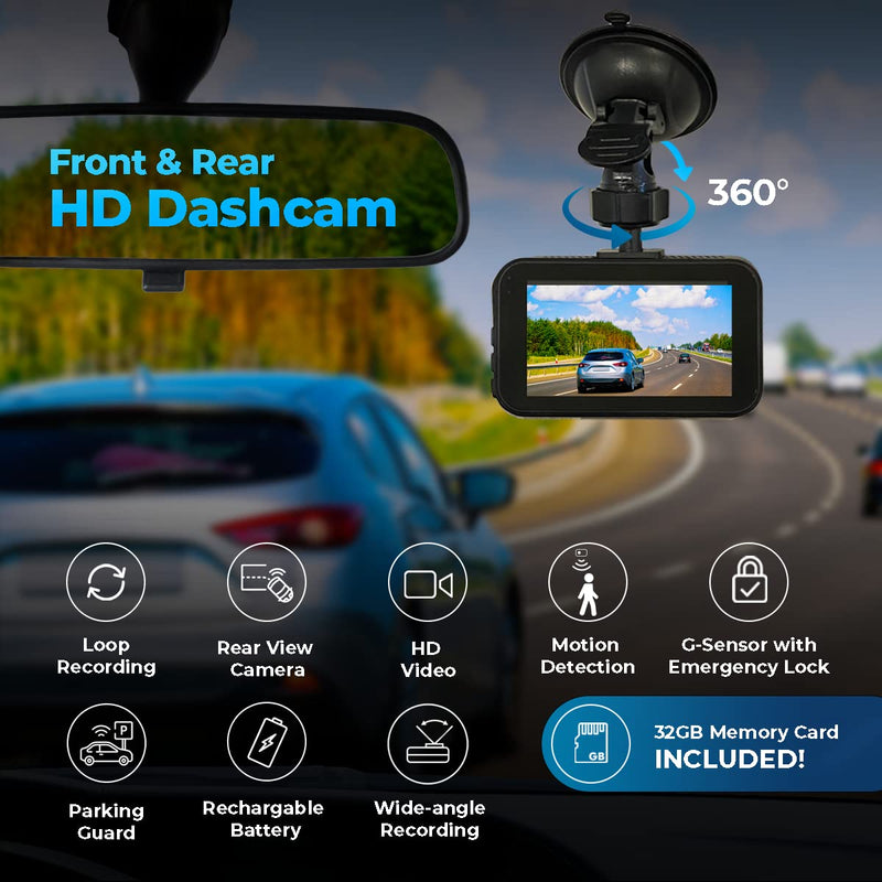  [AUSTRALIA] - AutoSky Dash Cam Front and Rear - Dash Camera for Cars Mini Dash Cam Full HD with 32GB Memory Card, 3 inch IPS Screen, Accident Lock, Loop Recording, Parking Monitor, Motion Detection