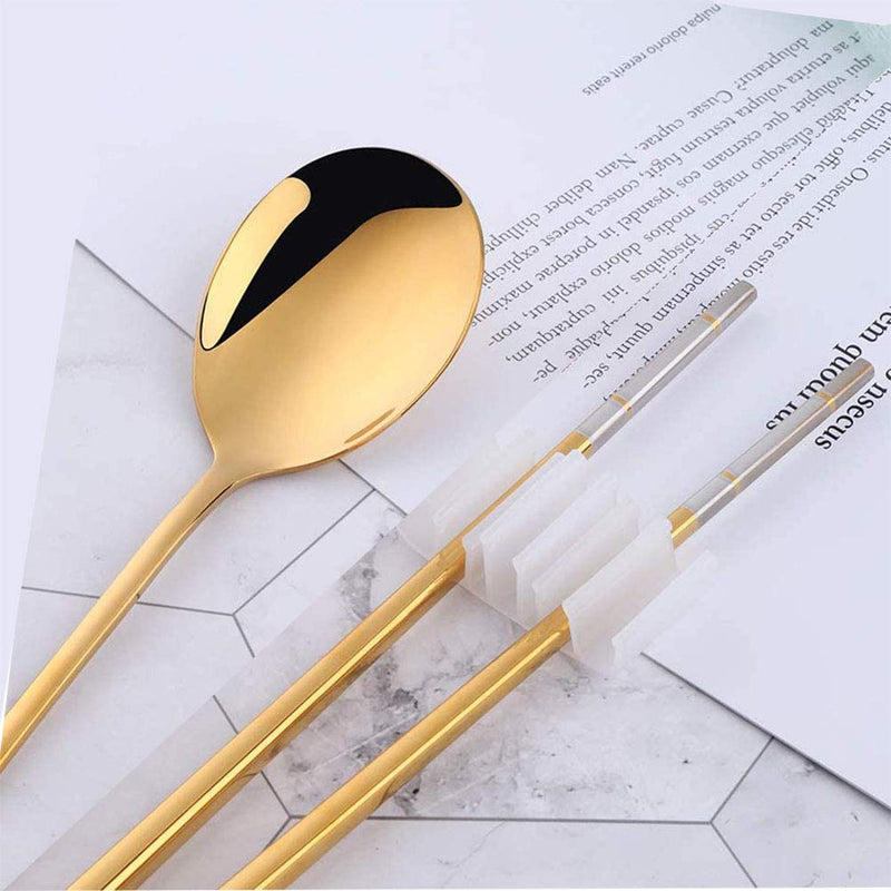 [AUSTRALIA] - Korean Chopstick and Spoon Set with Healthy Titanium Plating, Reusable Long Handle Stainless Steel Soup Spoon and Chopsticks, Dishwasher Safe, Set of 3. (Multicolor) Multicolor