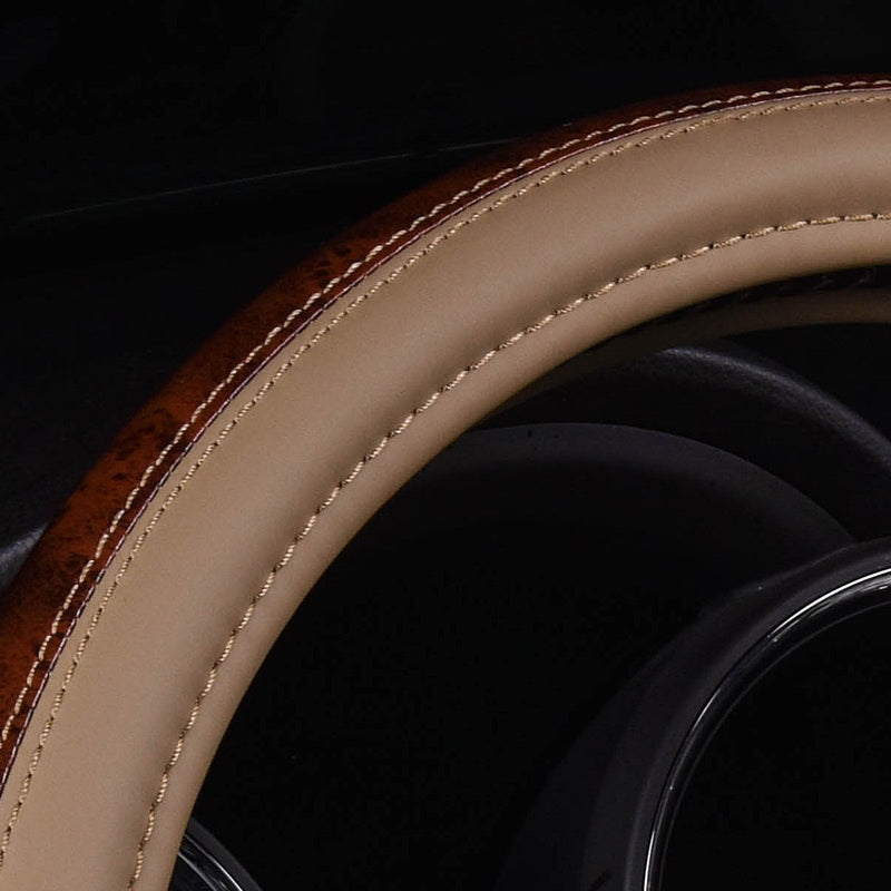 [AUSTRALIA] - CAR PASS Classic Wood Grain Universal Leather Steering Wheel Cover fit for Trucks,suvs,Vans,sedans(Beige) Beige