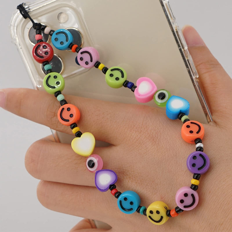  [AUSTRALIA] - 2PCS Beaded Phone Charm Strap Evil Eye Bead Cell Phone Charm Lanyard for Women Handmade Boho Smiley Face Bead Phone Wrist Strap Y2k Jewelry for Teens Girls Phone Charm Strap（1PCS）