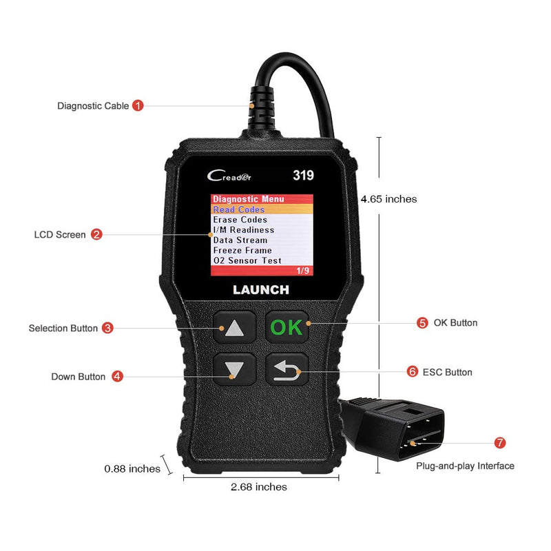 LAUNCH OBD2 Scanner CR319 Automotive Check Engine Code Reader Car Diagnostic Scan Tool Checks O2 Sensor EVAP Test with DTC Lookup Full OBDII Functions - LeoForward Australia