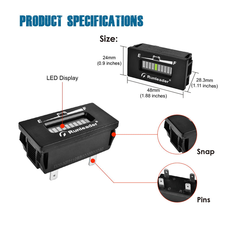 Runleader 12/24V 36V 48V LED Battery Capacity Meter - Charge and Discharge Monitor,Used for Lead-Acid Battery,Works on Golf Club Forklift Scrubber Machine RV Racing Kart(RL-BI028-48V) RL-BI028-48V - LeoForward Australia