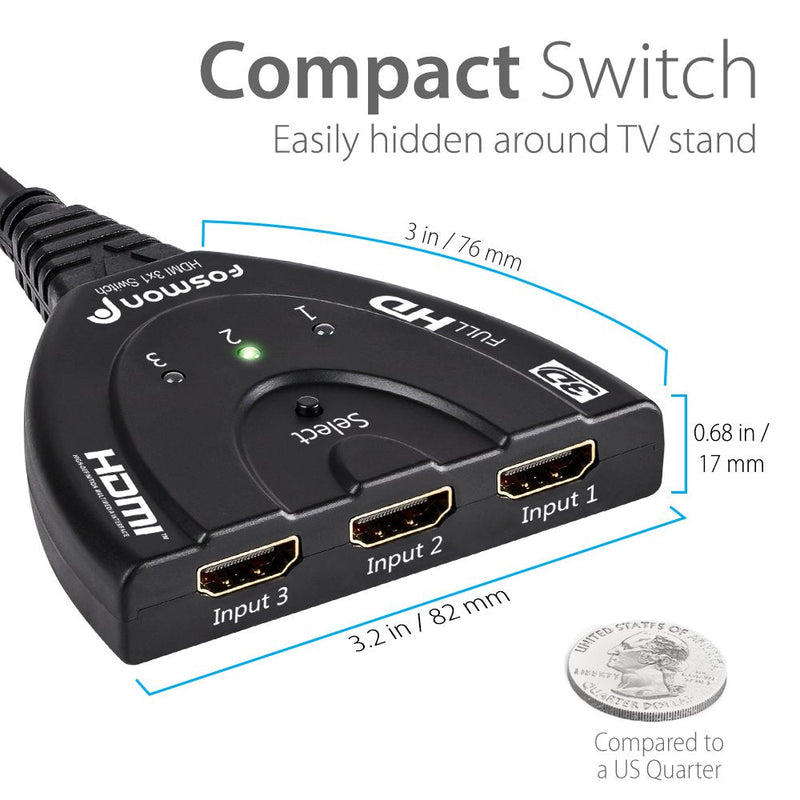  [AUSTRALIA] - Fosmon 3-Port HDMI Switcher, Intelligent 3x1 Auto Switch Selector Support Full HD 3D 1080p HDCP, 3 In 1 Out HDMI Splitter with 24K Gold Plated HDMI Cable for HDTV DVD PS3 PS4 Xbox One Bluray Apple TV