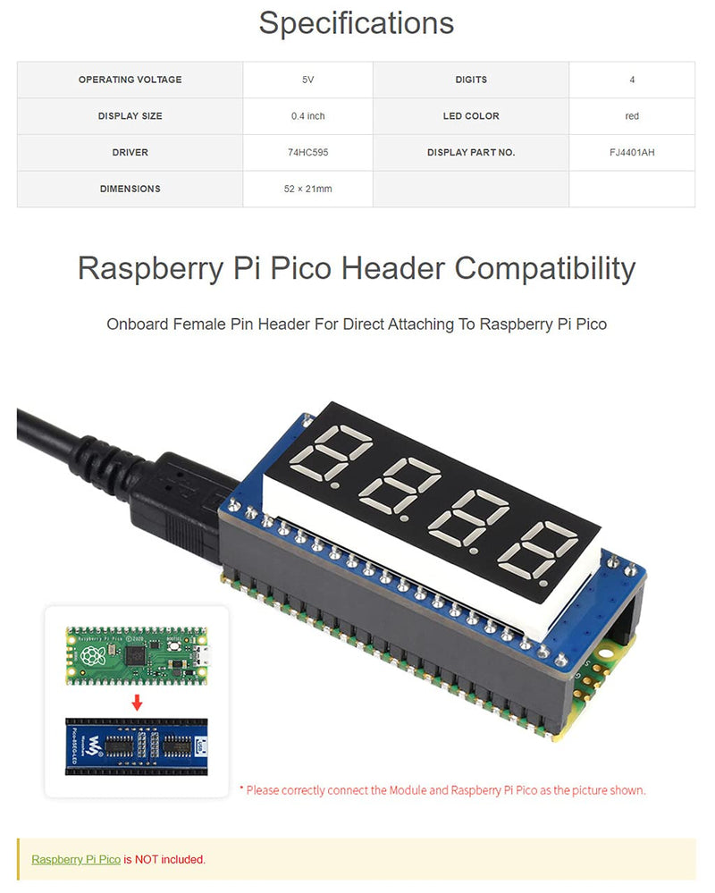  [AUSTRALIA] - 4-Digit 8-Segment Display Module for Raspberry Pi Pico Series, Based on 74HC595 Driver SPI-Compatible Direct Connect