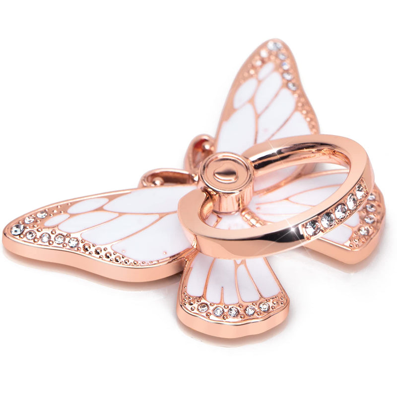  [AUSTRALIA] - Butterfly Cell Phone Ring Holder, 360°Rotation Phone Ring Grip, Compatible with iPhone, Samsung Galaxy, LG Google Pixel, iPad, Rhinestones and Enamel (Rose Gold and White)