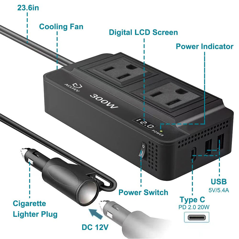  [AUSTRALIA] - 300W Car Power Inverter DC 12V to 110V AC Plug Adapter Outlet Converter with Dual USB Car Plug Adapter and Type-C Port, LCD Display AC Outlets for Phone, Laptop, Pad, Camera
