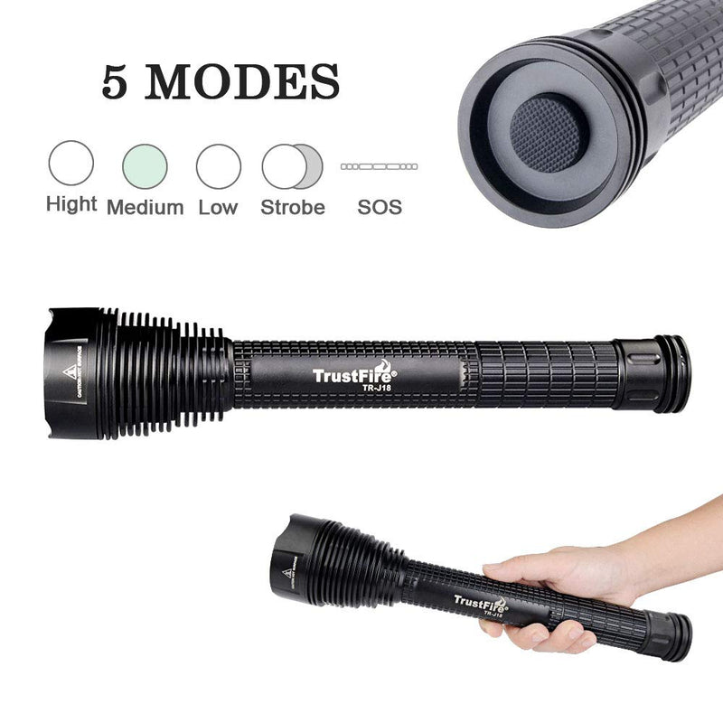 TrustFire 18650 LED Flashlight, J18 Super Bright 8000 Lumens, Water Resistant 5 Light Modes Large Tactical Torch by 2X or 3X 18650 26650 Rechargeable Battery (Battery Not Included) - LeoForward Australia