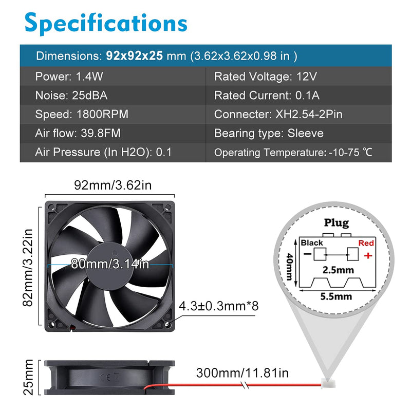  [AUSTRALIA] - Wathai 92mm x 25mm 90mm 12V DC Brushless Exhaust Fan 2Pin for PC Computer Case Cooling 12V 2Pin Sleeve