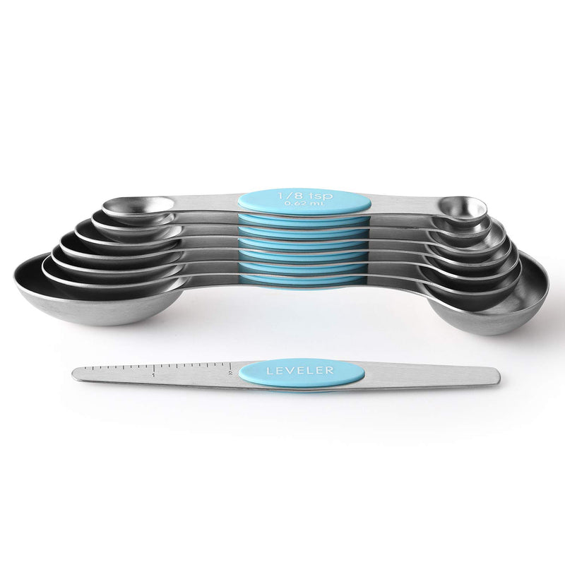  [AUSTRALIA] - Spring Chef Magnetic Measuring Spoons Set, Dual Sided, Stainless Steel, Fits in Spice Jars, Aqua Sky, Set of 8