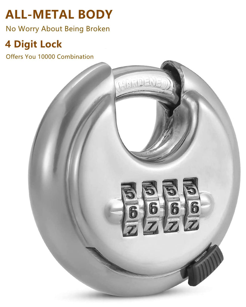  [AUSTRALIA] - DELSWIN 4 Digit Combination Disc Padlock with Hardened Steel Shackle Outdoor Combo Gate Lock for Sheds, Storage Unit, Garage, Fence,Trailer Tongue (2 Pcs) Silver