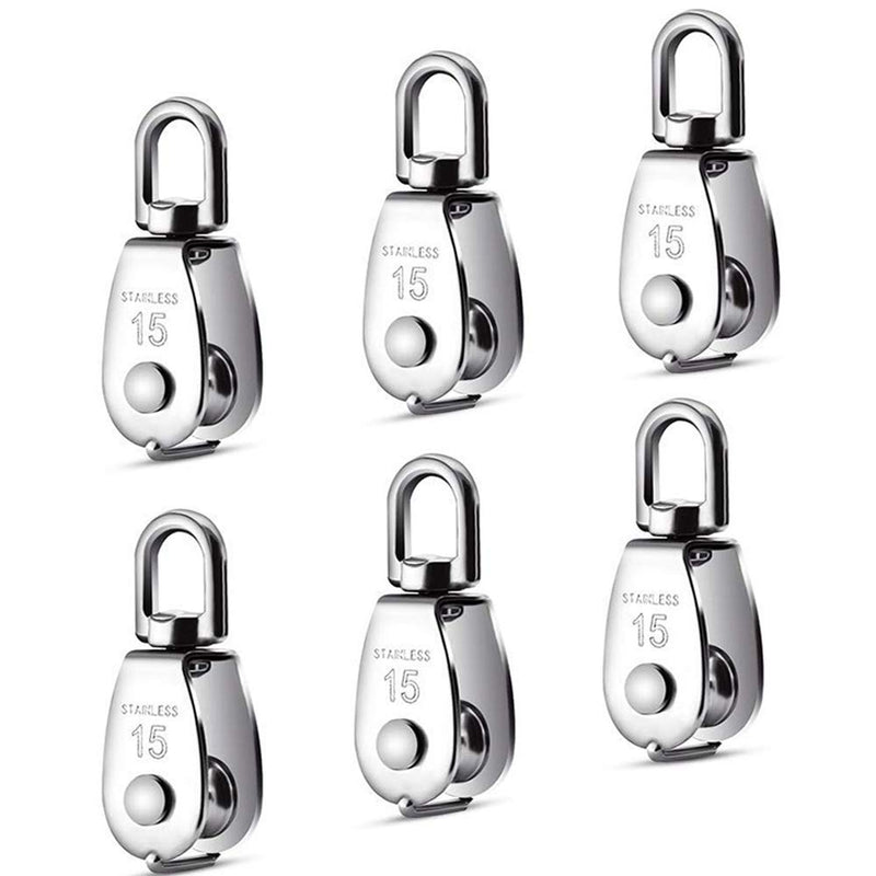  [AUSTRALIA] - Dorhea 6 Pack 0.59" Single Pulley Block 304 Stainless Steel M15 Crane Swivel Hook Single Pulley Roller Smooth Wire Rope Cable Heavy Loading 0.59 inch