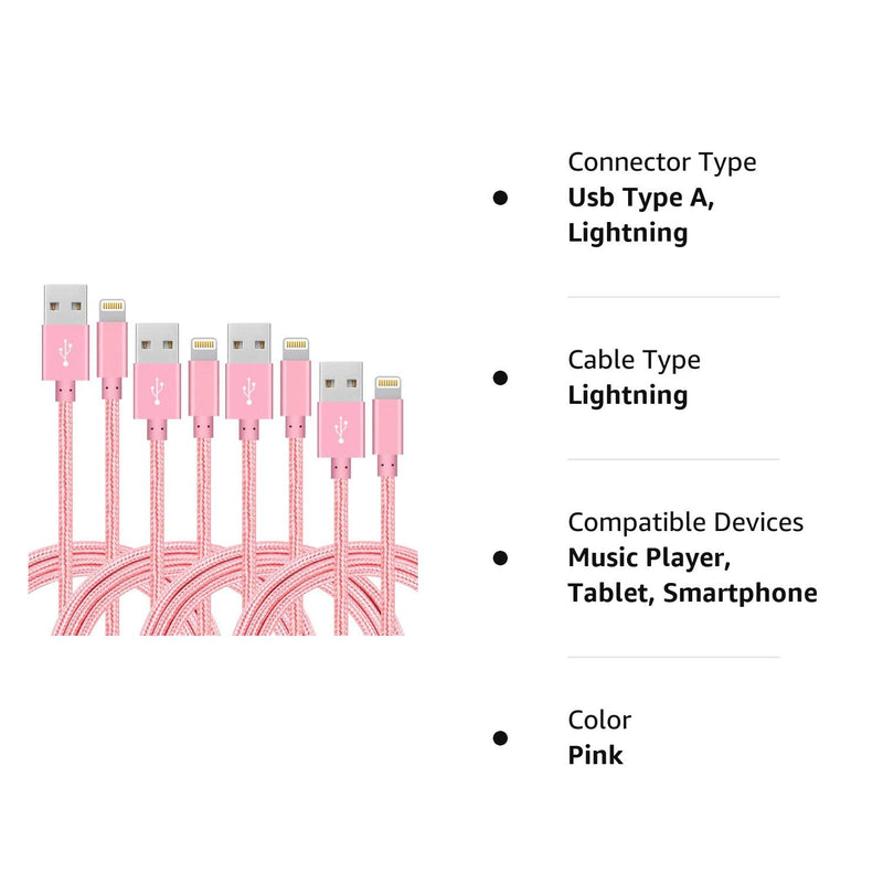  [AUSTRALIA] - 4Pack(3ft 6ft 6ft 10ft) iPhone Lightning Cable Apple Certified Braided Nylon Fast Charger Cable Compatible iPhone Max XS XR 8 Plus 7 Plus 6s 5s 5c Air iPad Mini iPod Pink