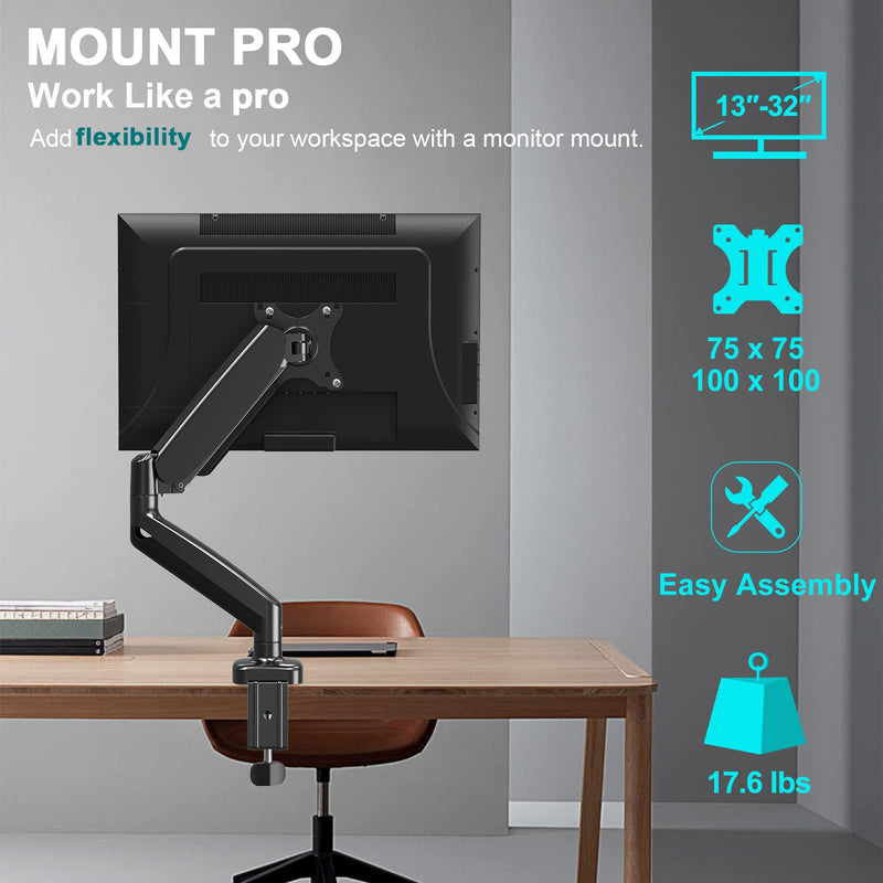  [AUSTRALIA] - MOUNT PRO Single Monitor Desk Mount - Articulating Gas Spring Monitor Arm, with VESA Extension Bracket Adapter,Fits Most 13 to 35-inch Screens,VESA 200×100 ,200×200