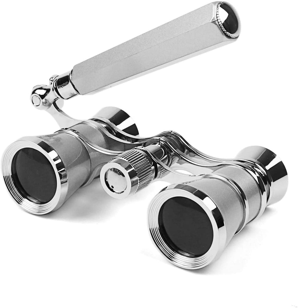  [AUSTRALIA] - AiScrofa Opera Glasses Binoculars 3X25,Mini Binocular Compact Lightweight,with Built-in Foldable Handle for Adults Kids Women in Musical Concert Sliver with Handle