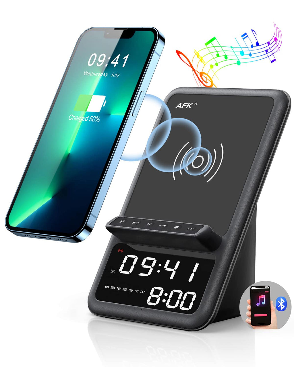  [AUSTRALIA] - Wireless Charger for iPhone/Samsung,AFK 4 in 1 Charging Station with Bluetooth Speaker,Alarm Clock,Hands-Free Calling,Compatible with iPhone 13/12/11/Pro Max/XR/X/8 Plus,Samsung and More(Black) Black-B02