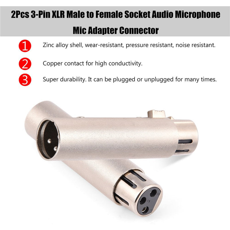  [AUSTRALIA] - Zer one 2Pcs 3-Pin XLR Male to Female Socket Connector Audio Microphone Mic Extension Adapter Gender Changer Coupler
