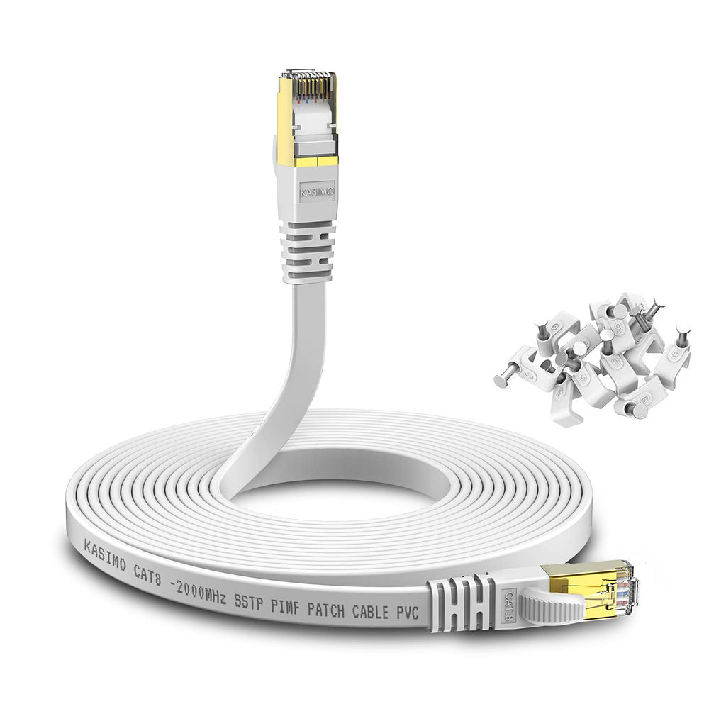  [AUSTRALIA] - Cat 8 Ethernet Cable 50ft KASIMO Cat8 Flat Internet LAN Cable 40Gbps 2000MHz High Speed Network Patch Cable White SSTP Ethernet Cord with RJ45 Gold Plated Connector for Router Modem Switch Gaming Xbox
