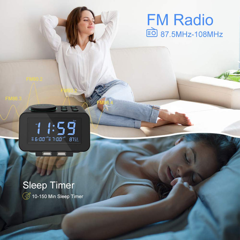  [AUSTRALIA] - USCCE Digital Alarm Clock Radio - 0-100% Dimmer, Dual Alarm with Weekday/Weekend Mode, 6 Sounds Adjustable Volume, FM Radio w/ Sleep Timer, Snooze, 2 USB Charging Ports, Thermometer, Battery Backup Black