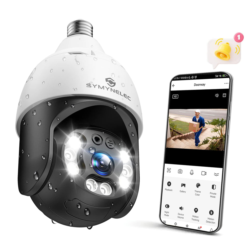  [AUSTRALIA] - Light Bulb Security Camera Outdoor Waterproof 2K, SYMYNELEC 2.4GHz Wireless WiFi Light Socket Security Camera, 4MP Smart Cam with Color Night Vision Human Motion Detection IP65 Works with Alexa Google Black&White 1 Pack