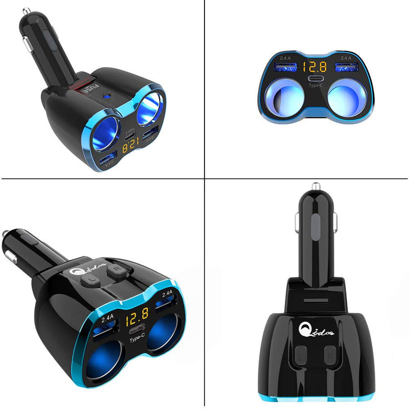  [AUSTRALIA] - USB C Car Charger, Cigarette Lighter Splitter Adapter 2 Socket Type C Multi Power Outlet 12V/24V 80W DC with LED Voltmeter Switch 5.8A Dual USB Port for Mobile Cell Phone GPS Dash Cam