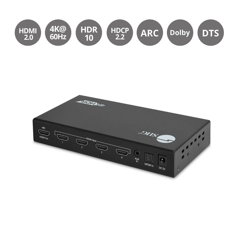  [AUSTRALIA] - SIIG 4x1 HDMI 2.0 4K 60Hz Switch with ARC & Audio Extractor, Audio Embedded, IR Remote Control, HDR 10, HDCP 2.2, Analog Audio 2.0, SPDIF 5.1, for PS4, Xbox, Apple TV and More (CE-H26211-S1)