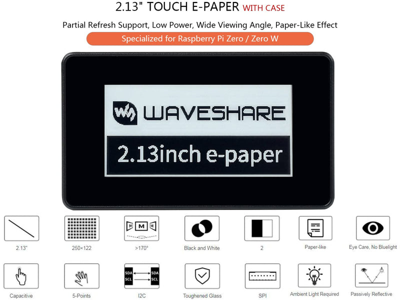  [AUSTRALIA] - 2.13inch Touch e-Paper Display with ABS Case for Raspberry Pi Zero 2 W/Raspberry Pi Zero/Pi Zero W/Pi Zero WH, 250x122 Pixels E-Ink, Paper-Like Effect Support Partial Refresh