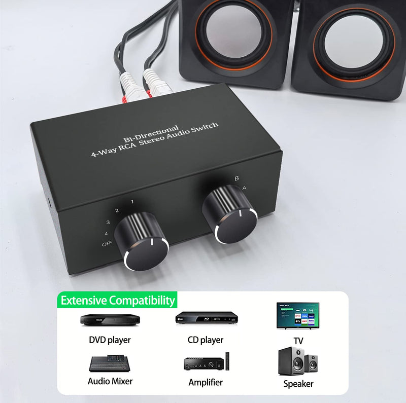  [AUSTRALIA] - LVY Stereo Audio Selector, 4 Way Bi-Directional RCA Stereo Audio Switcher Splitter Box Suitable for Connecting Blu-ray Players or DVD Players to Multiple Stereo Speakers RCA Jack 2IN-4OUT