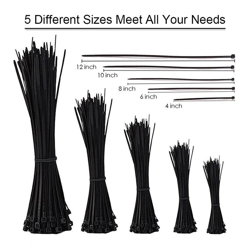  [AUSTRALIA] - NewMainOne Cable Zip Ties,500 Packs Self-Locking 4+6+8+10+12-Inch Width 0.16inch Nylon Cable Ties,Perfect for Home,Office,Garage and Workshop (Black) Black