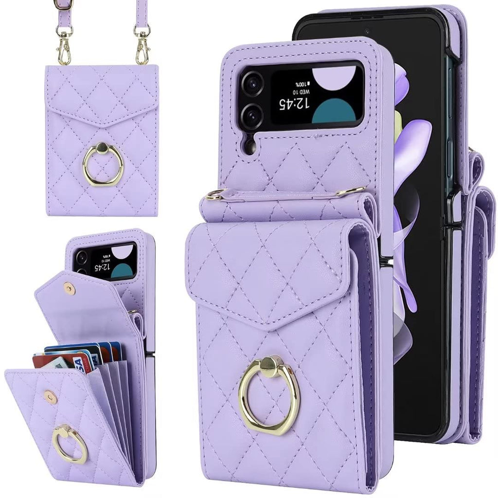  [AUSTRALIA] - XIMAND for Samsung Galaxy Z Flip 4 Wallet Phone Case with Ring and Adjustable Crossbody Strap, Stylish and Muti-funtional Accordion Style Flip Case with 4 Card Slots for The Women and Girls（Purple） Purple