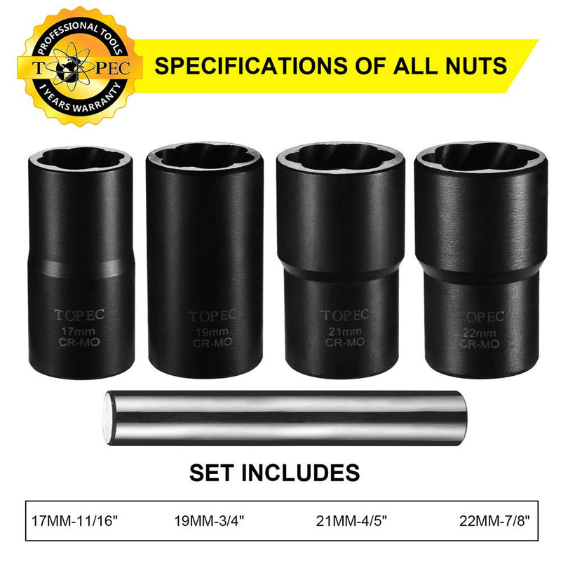  [AUSTRALIA] - Topec Twist Socket Set Lug Nut Remover Extractor Tool - 5 Piece Metric Bolt and Lug Nut Extractor Socket Tools