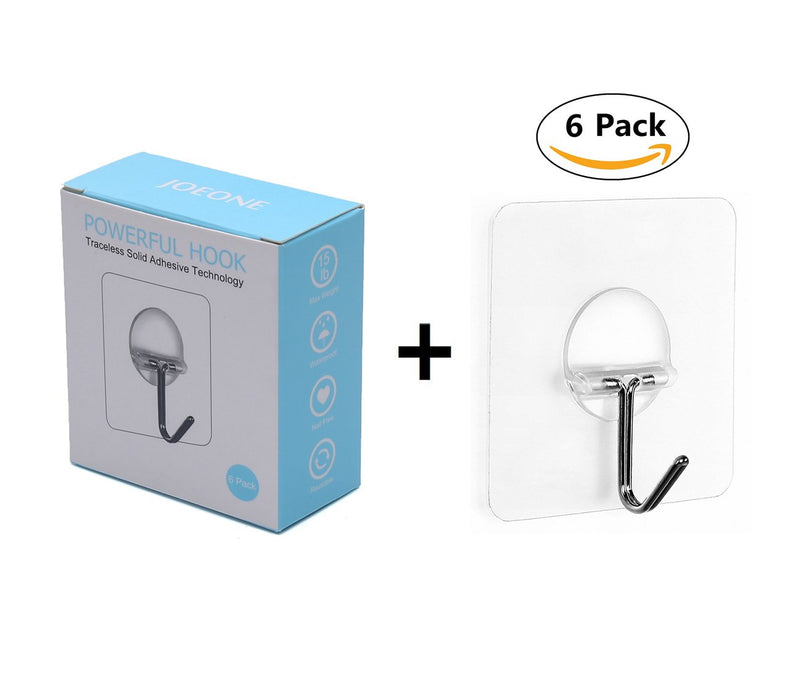 JOEONE Adhesive Wall Hooks (Max: 15LB) - Powerful Nail Free No Scratch Transparent Heavy Duty Clear Wall Hooks for Bathroom and Kitchen, Wall and Ceiling - Reusable, Washable, Waterproof (6 Pack) 6 - LeoForward Australia