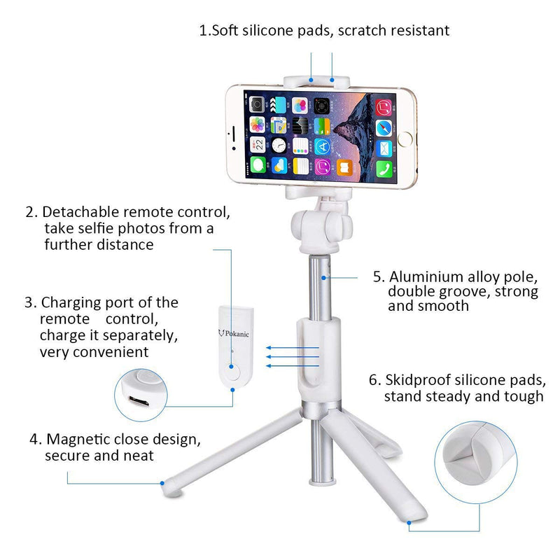 [AUSTRALIA] - Pokanic Selfie Stick Tripod with Wireless Remote Controller Pouch Extendable Adjustable Stand Mount Light-Weight V-Log Compatible with All Apple iPhone, Samsung Galaxy (White) White