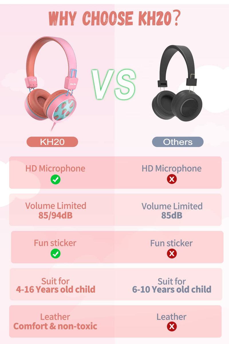  [AUSTRALIA] - Kids Headphones for School with Microphone New bee KH20 HD Stereo Safe Volume Limited 85dB/94dB Foldable Lightweight On-Ear Headphone for PC/Mac/Android/Kindle/Tablet/Pad (Pink) Pink