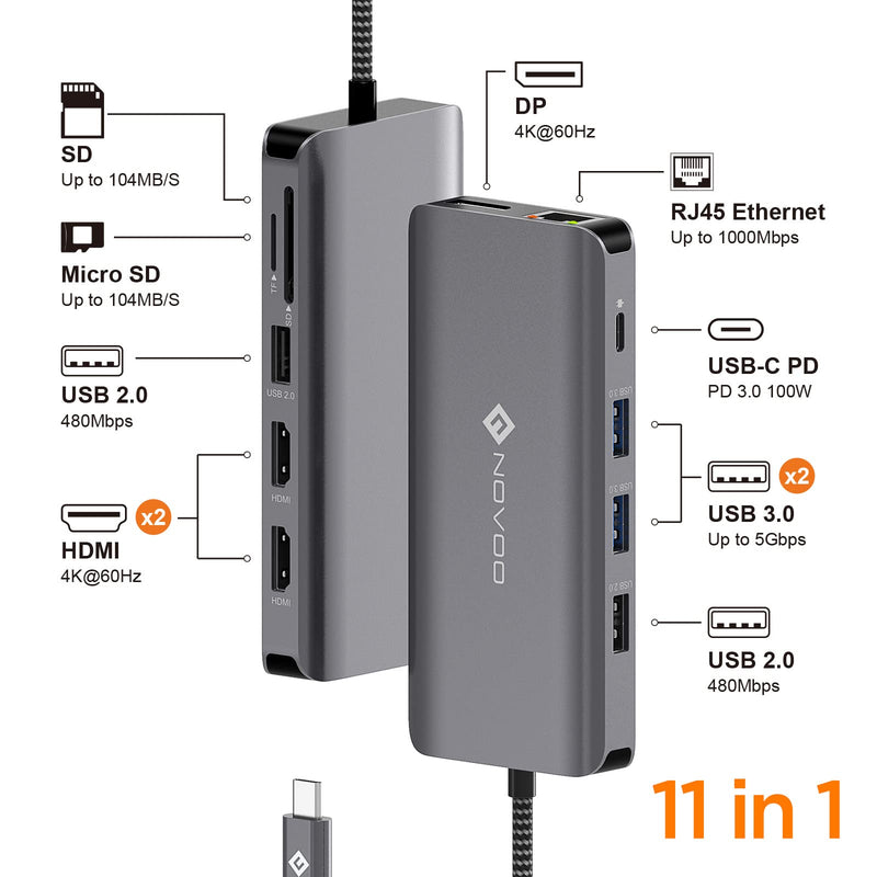  [AUSTRALIA] - USB C Docking Station, Triple Display Type C Hub Dual Monitor HDMI 4K@60Hz DP Multiport Adapter 4USB Ethernet SD/TF 100W PD Dongle Data for Dell/Surface/HP/Lenovo Thinkpad Laptop Gray