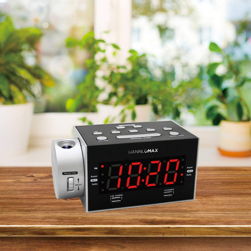 HANNLOMAX HX-135CR Alarm Clock Radio with Projection, PLL FM Radio, Dual Alarm, Dual USB Ports for 2.4A and 1A Charging, 1.2 inches Red LED Display, AC/DC Adaptor Included - LeoForward Australia