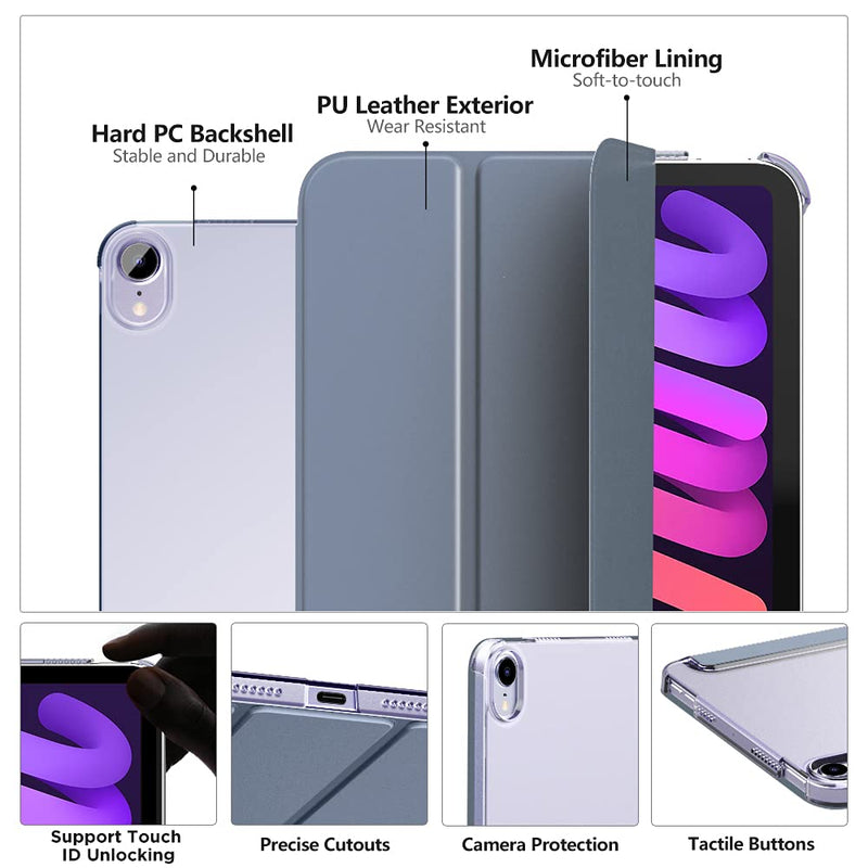  [AUSTRALIA] - MoKo Case Fit New iPad Mini 6 2021 (6th Generation, 8.3-inch) - Slim Lightweight Hard Clear Back Shell Stand Cover with Translucent Frosted Back Protector, with Auto Wake/Sleep, Grey Purple