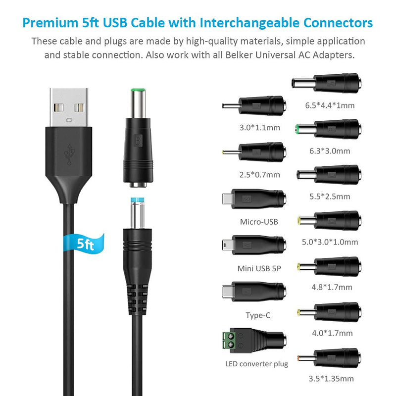  [AUSTRALIA] - Belker Universal 5V DC 5.5 2.1mm Jack Charging Cable Power Cord, USB to DC Power Cable with 14 Interchangeable Plugs Connectors Adapters Compatible with Fan Speaker Router Mini and More 5V Devices