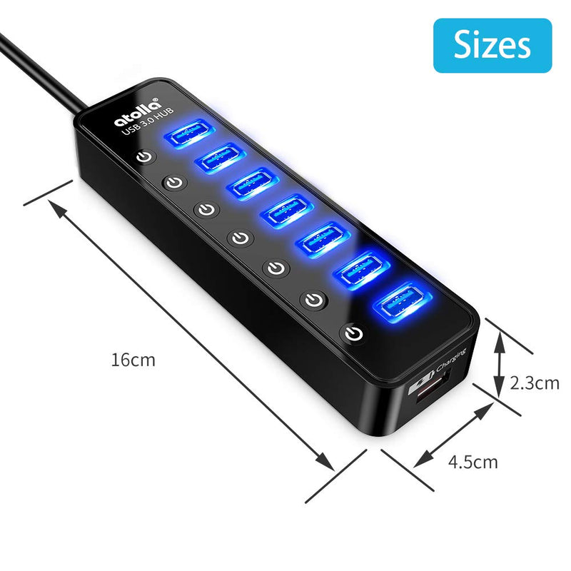  [AUSTRALIA] - Powered USB Hub 3.0, Atolla 7-Port USB Data Hub Splitter with One Smart Charging Port and Individual On/Off Switches and 5V/4A Power Adapter USB Extension for MacBook, Mac Pro/Mini and More.