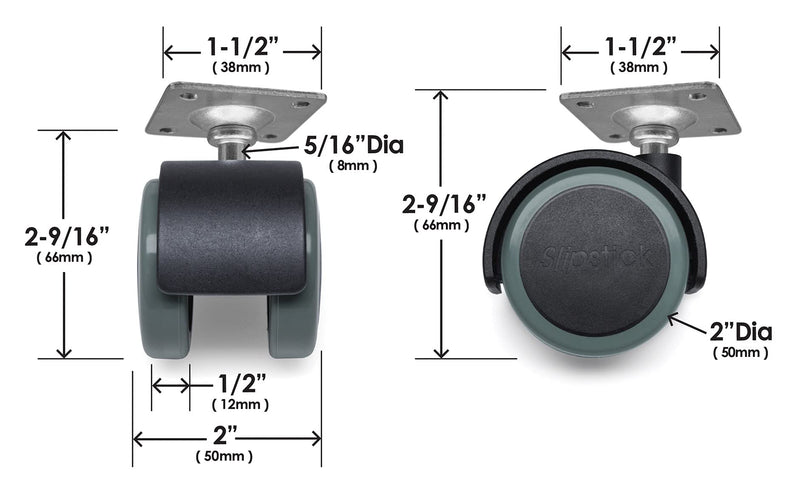 Slipstick CB681 2 Inch Floor Protector Rubber Caster Wheels (Set of 4) 5/16 Inch Stem or Top Plate Mounting Options - Black/Gray - LeoForward Australia