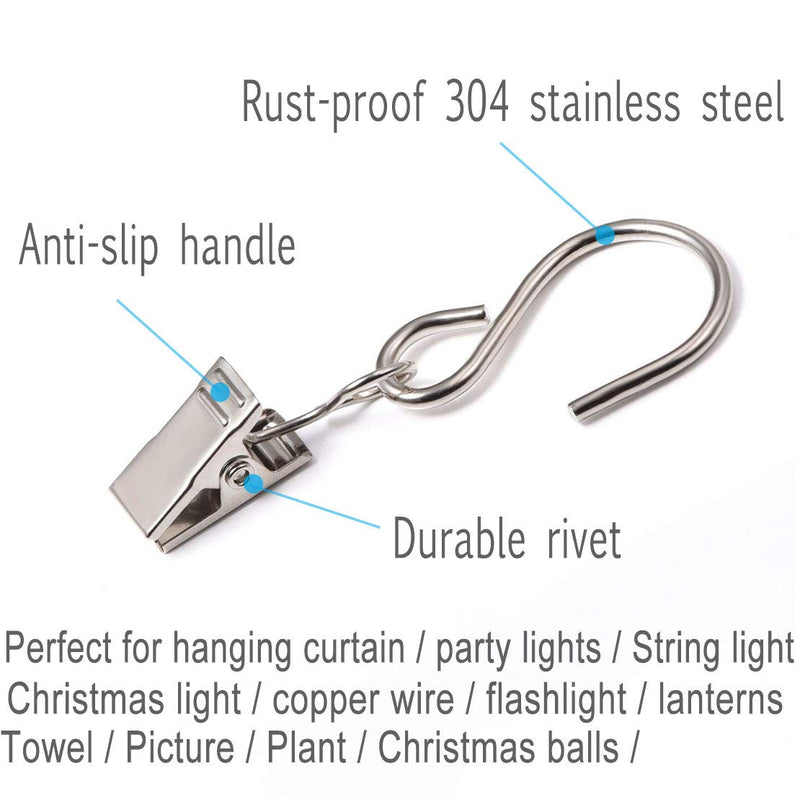  [AUSTRALIA] - 60PCS Curtain Clips with Hooks for Hanging Clamp Hangers Gutter Hooks for Party String Light Outdoor Wire Holders, Stainless Steel Silver 60PCS