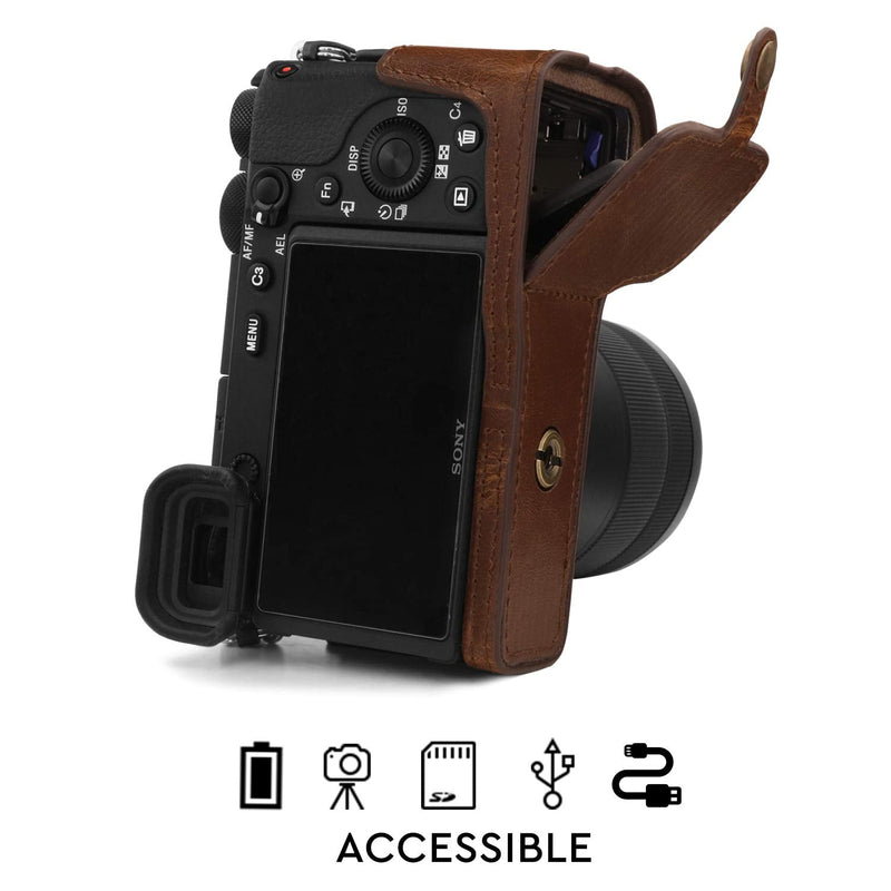  [AUSTRALIA] - MegaGear Ever Ready Leather Camera Half Case Compatible with Sony Alpha A6600 Dark Brown