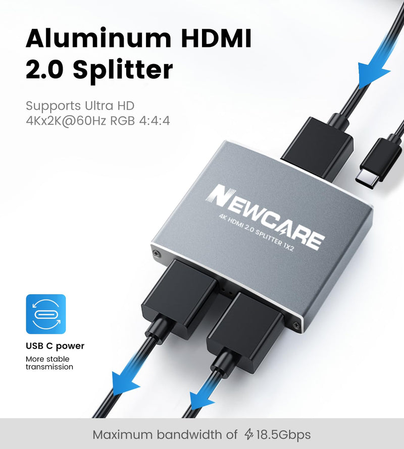  [AUSTRALIA] - NEWCARE 4K@60Hz 2 Port 1x2 Alu-Alloy HDMI2.0b Splitter 1 in 2 Out with 3.9FT HDMI Cable,Powered Splitter for Dual Monitors Extended Display (Duplicate/Mirror/Copy), Support 18Gbps,HDR D-ol-b-y Vision 4K@60Hz HDMI Splitter Grey