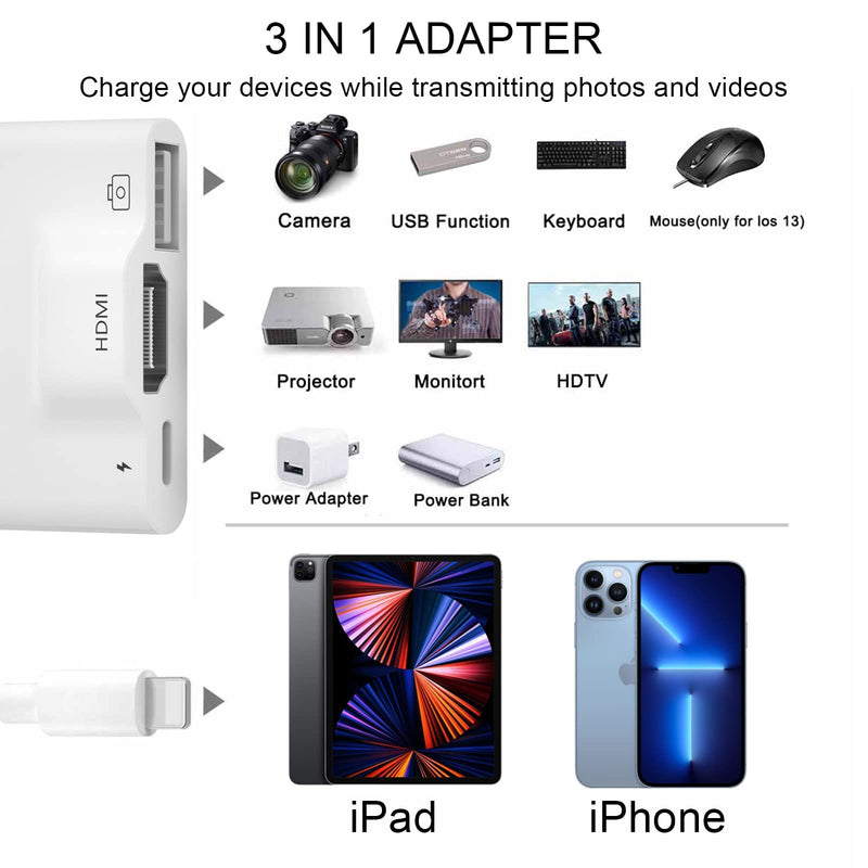  [AUSTRALIA] - FEINODI HDMI Adapter for iPhone to TV, Lightning to HDMI Adapter 1080P, 3 in 1 USB Camera Adapter & Charging Port, Compatible with iPhone 13/12/11/X/8/8plus/7/7plus-Support iOS 16