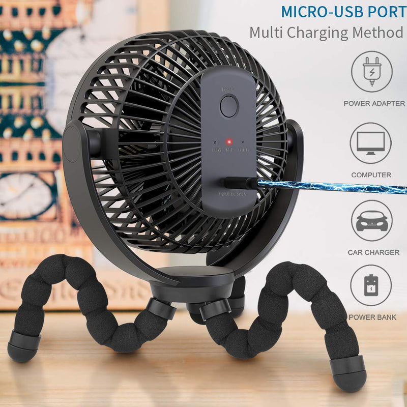 5000mAh Rechargeable Battery Powered Clip Fan with Flexible Tripod, Super Quiet, 3 Speed, 360° Rotatable, Portable Handheld USB Clip on Fan for Room Cart Stroller Bike Car Seat Camping Beach Outdoor Black - LeoForward Australia