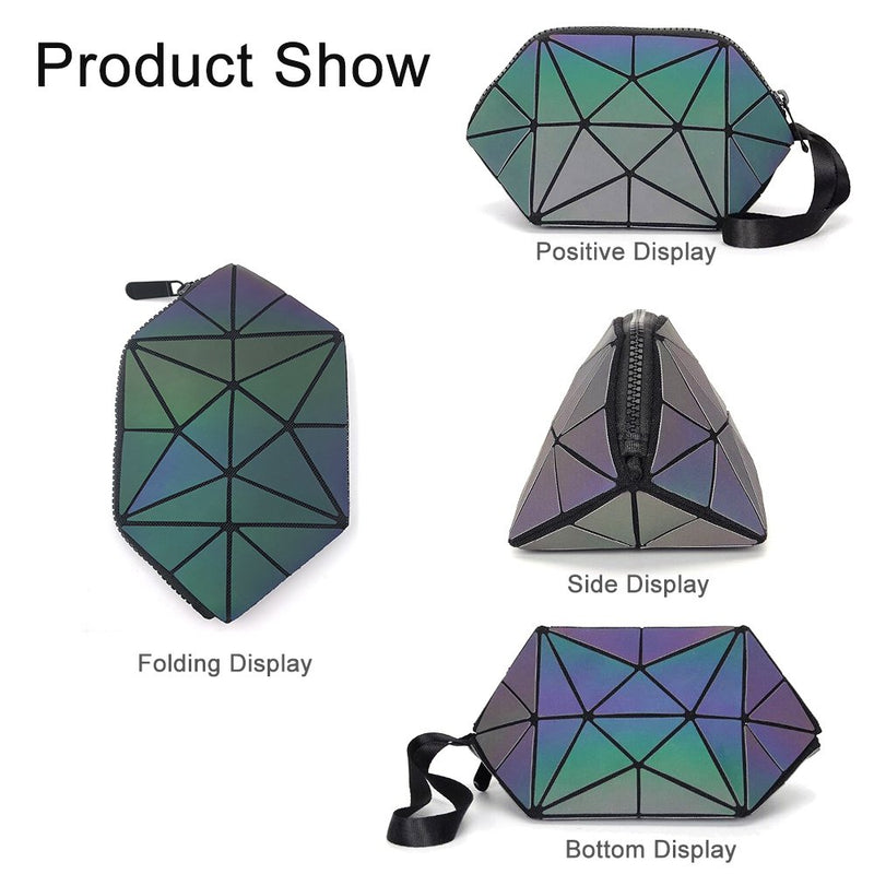 Longjet Small Makeup Bag Holographic Geometric Foldable Cosmetic Pouch for Purse Cute Travel Accessories with Zipper and Wrist Strap (Luminous) Luminous - LeoForward Australia