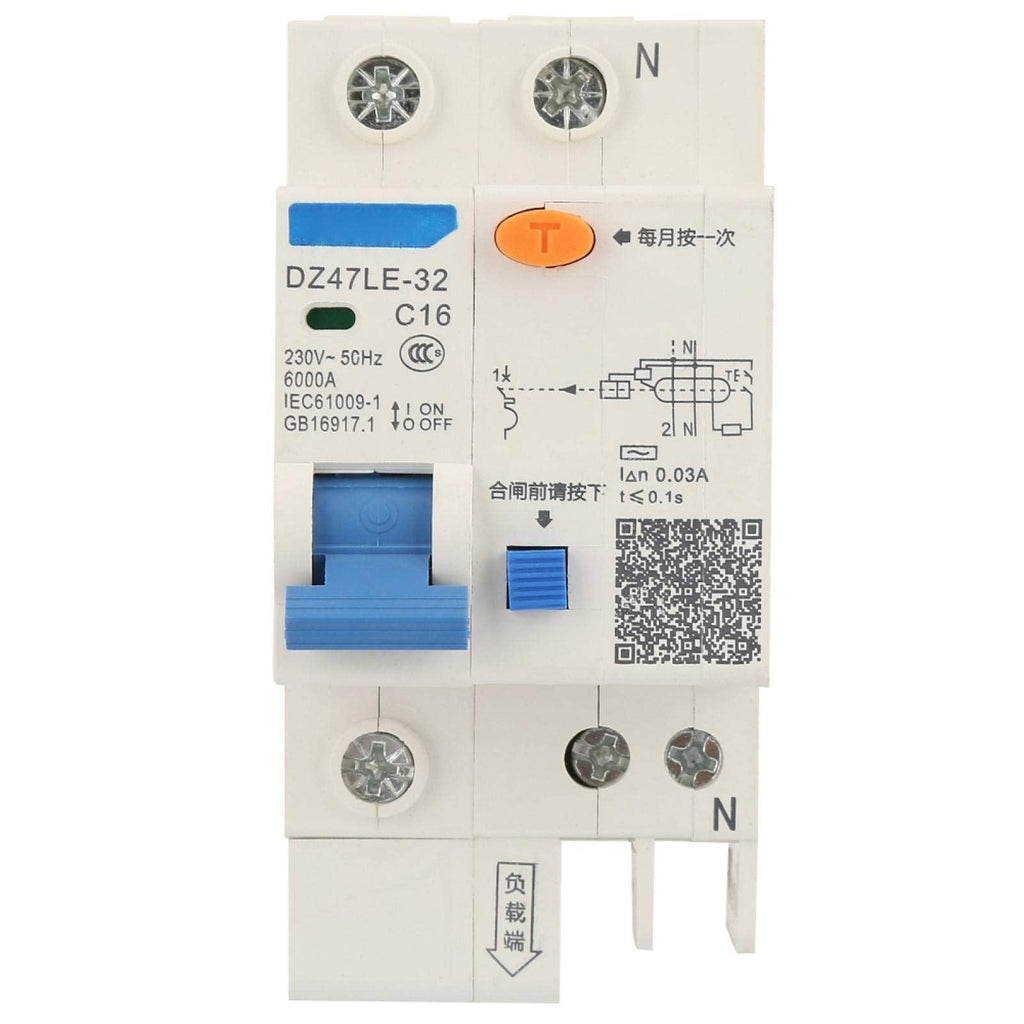  [AUSTRALIA] - FI circuit breaker 16A 30Ma 2 pole, 230V residual current circuit breaker, DZ47LE-32 1P+N 10/16A/20/25/32A 230V, with overcurrent protection, 35mm DIN rail mounting (16A) 1P+N 16A