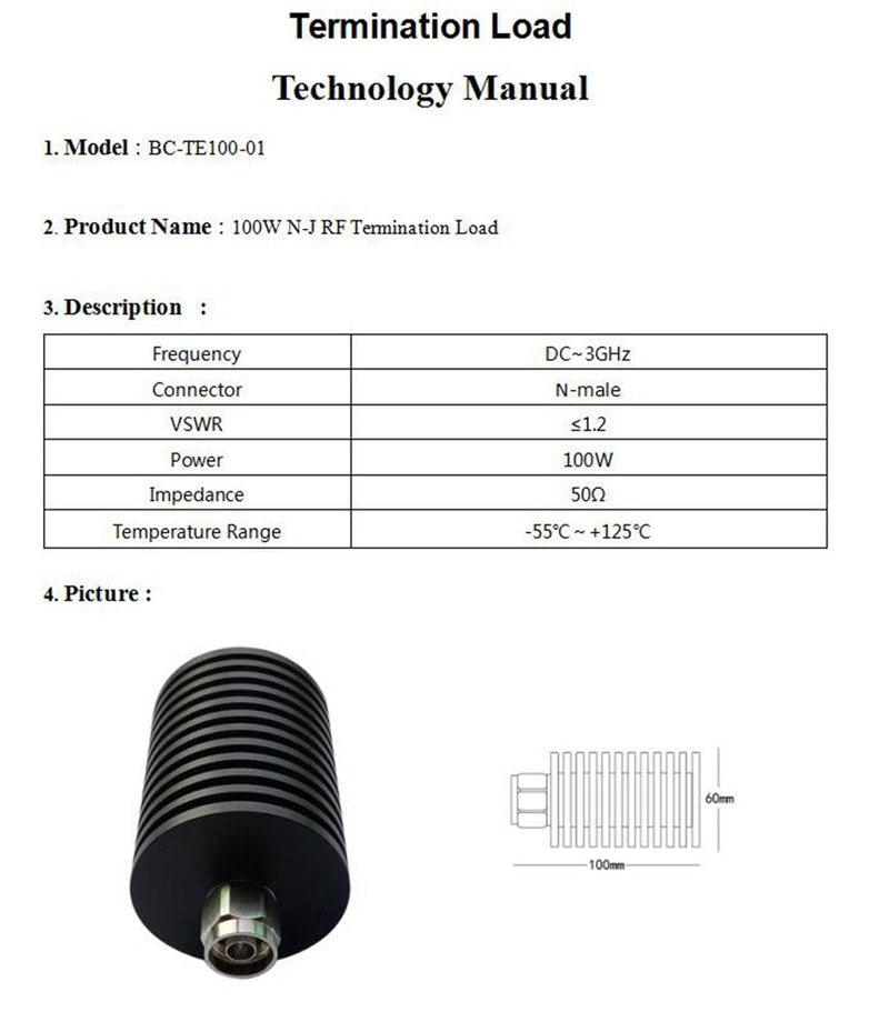  [AUSTRALIA] - BECEN 100W N- Male Connector Dummy Load, RF Termination Load,DC to 3 GHz, 50ohm