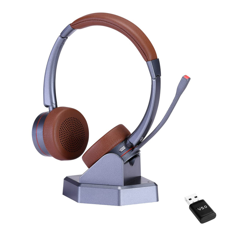  [AUSTRALIA] - Bluetooth Headset for Cell Phone Video Conference, Wireless Headset with Microphone for Office Call Center, with Bluetooth Adapter for Computer, Over Head PC Headphone for Skype Chat Teams Wireless-Duo